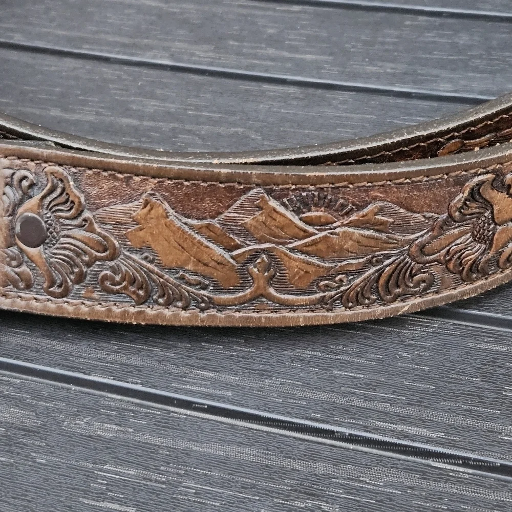 Chambers Top Grain Leather Hand Tooled Belt Eagle Mountains Brass Buckle USA 38